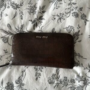 Miu Miu Dark Brown Croc-Embossed Zip Wallet